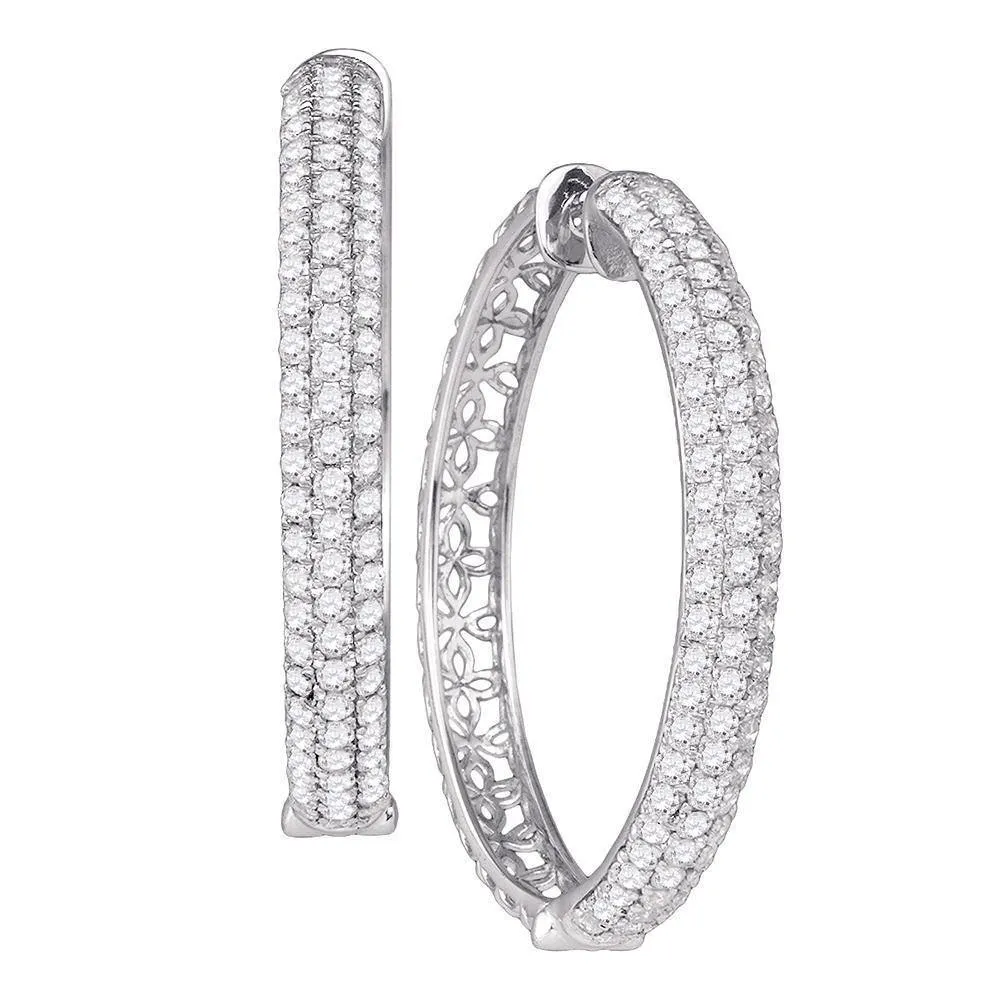 10K White Gold Round Diamond Luxury 1" Hoop Earrings 4.00 Cttw