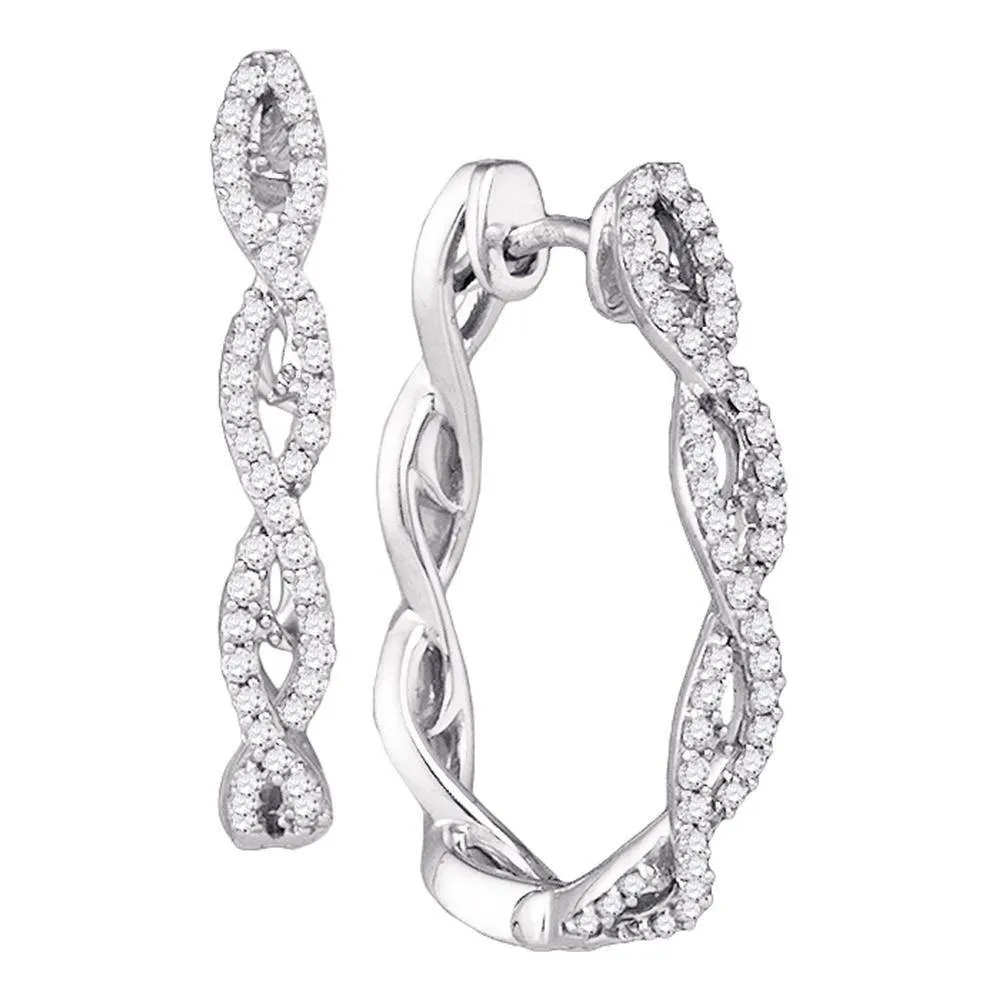 10k White Gold Round Diamond Symmetric Woven Luxury Hoop Earrings 1/2 Cttw