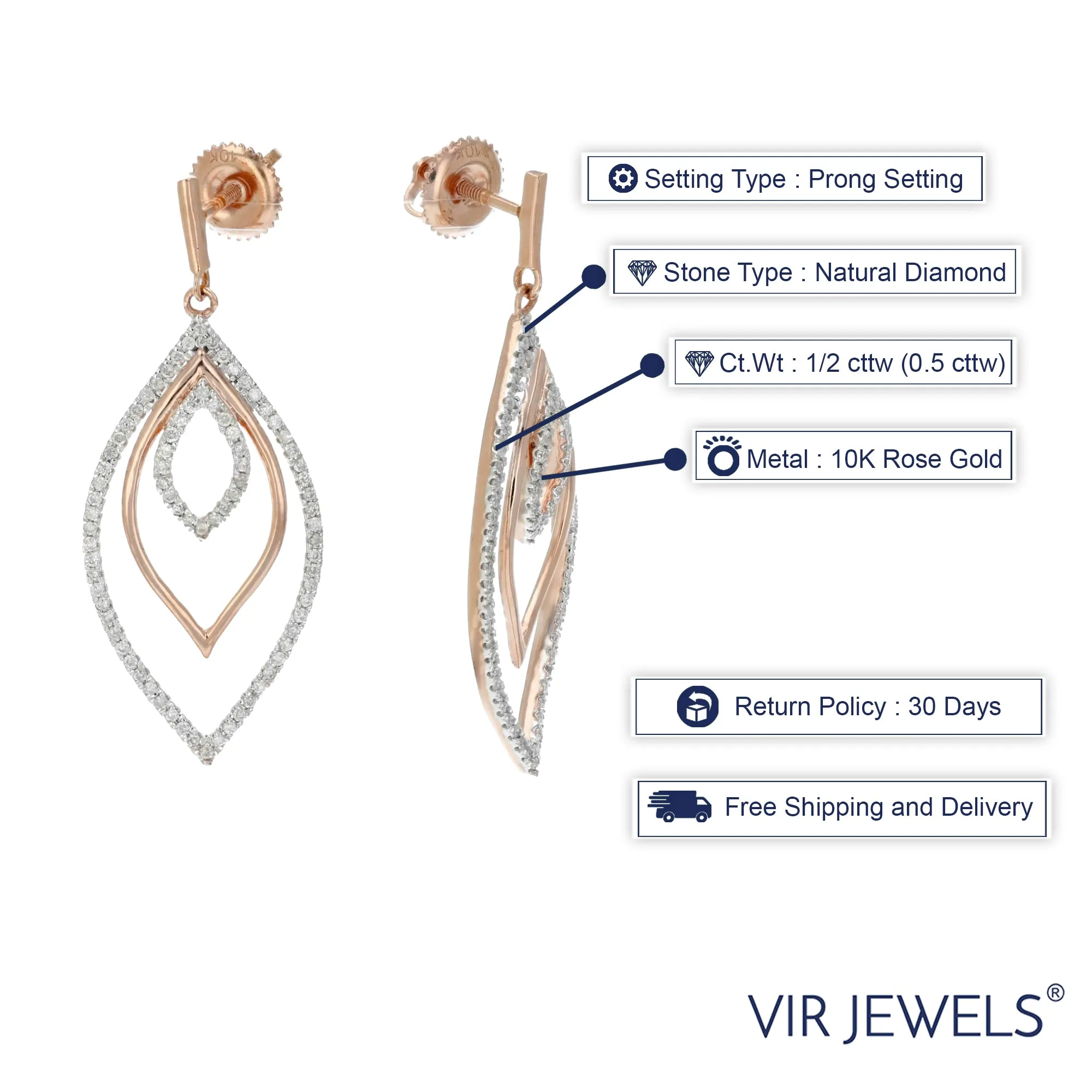 1/2 cttw Diamond Leaf Drop Dangle Earrings in 10K Rose Gold