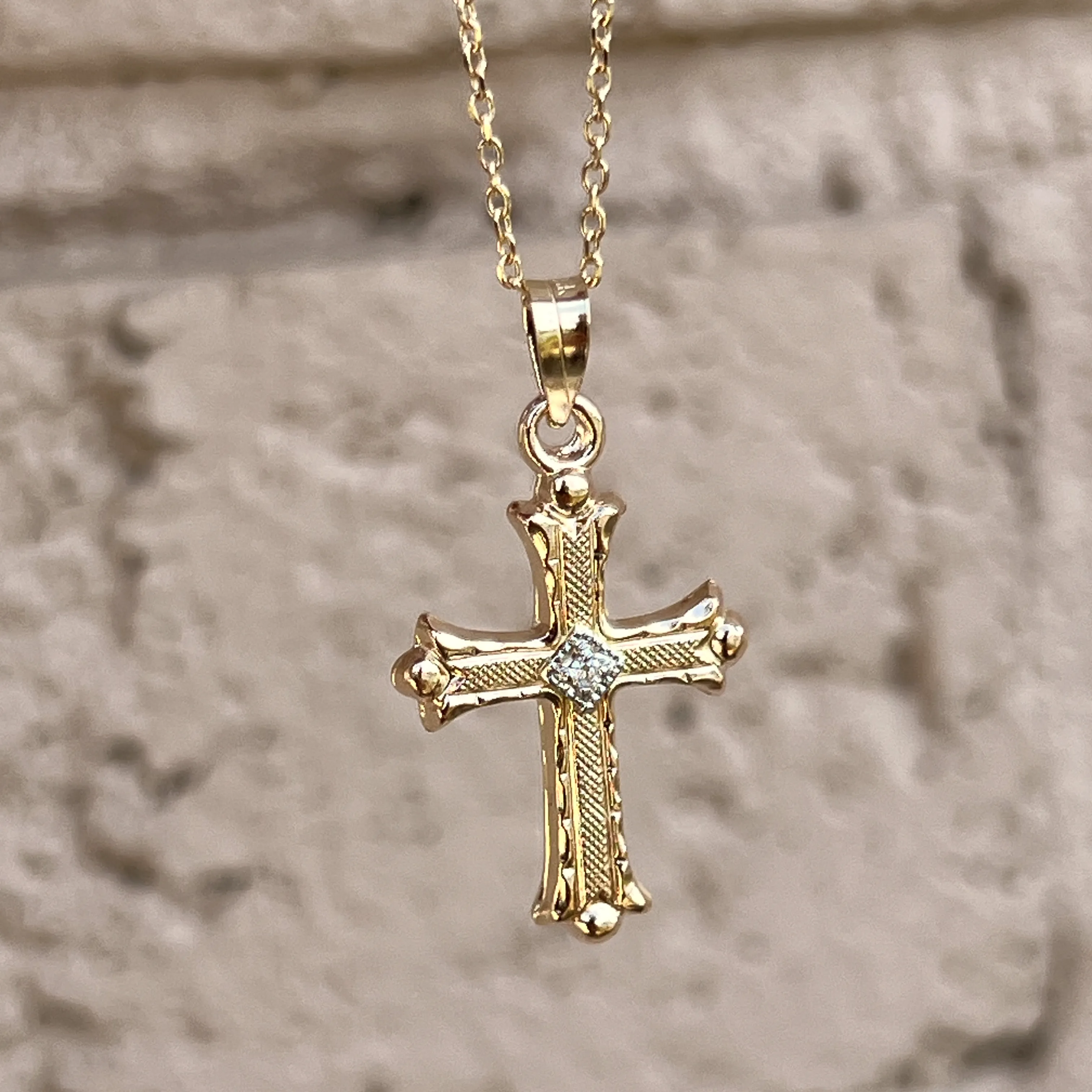 14K GOLD FLORENTINE .01CT DIAMOND CROSS PENDANT