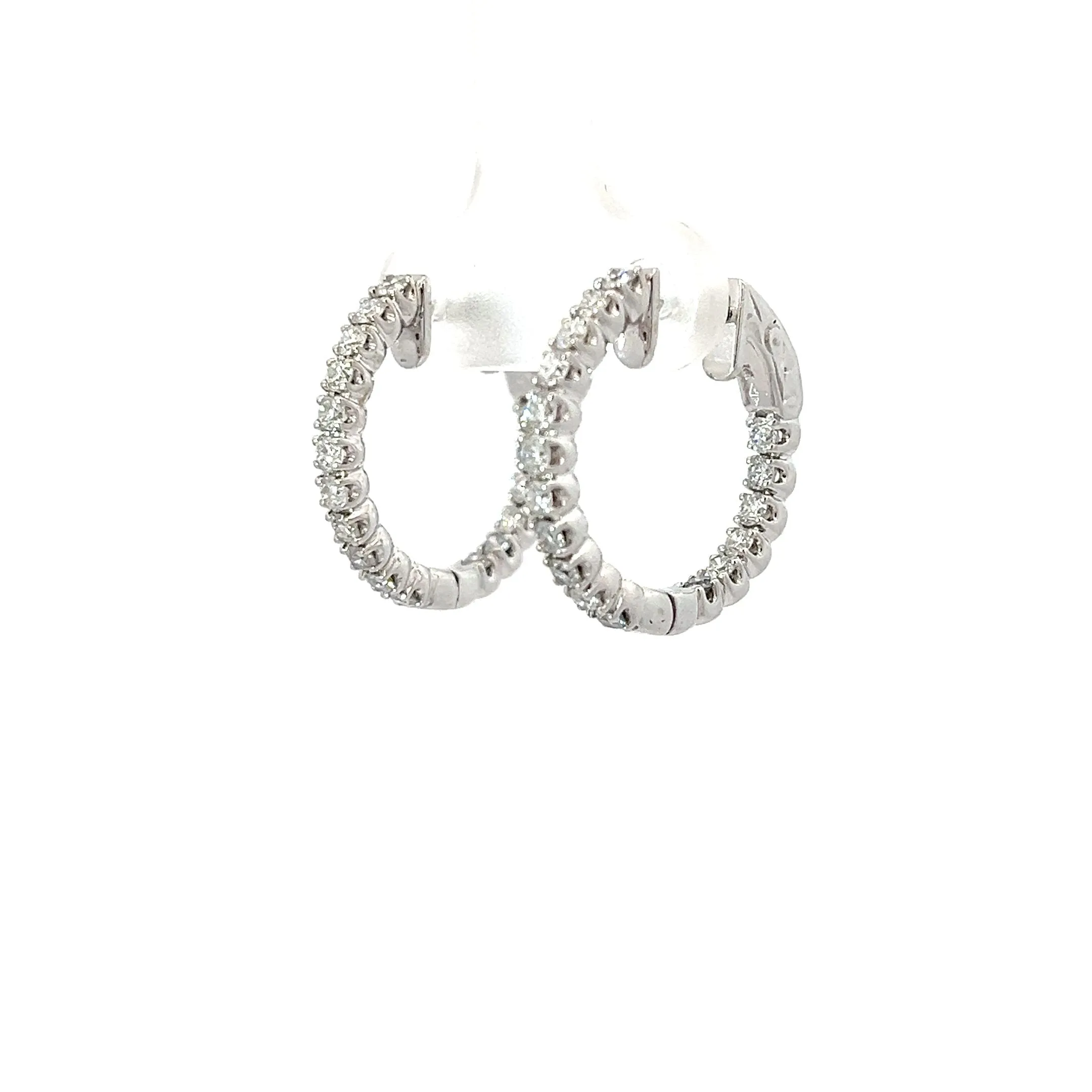 14k White Gold 1.00ct F SI1 Round Diamond Inside /Outside Diamond Hoops