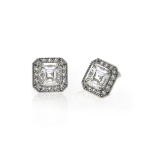 14K White Gold Asscher Cut & Pave Stud Earrings