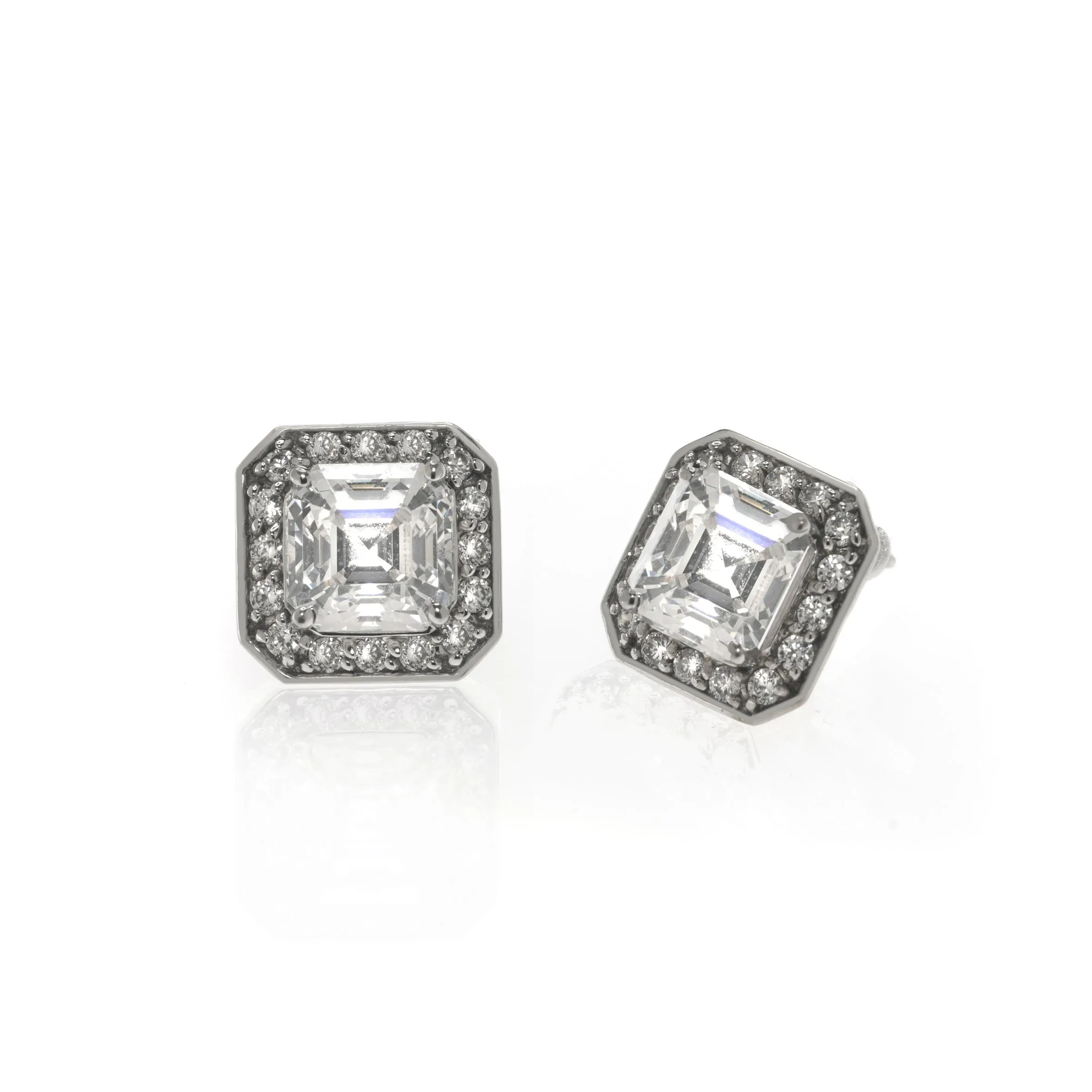 14K White Gold Asscher Cut & Pave Stud Earrings