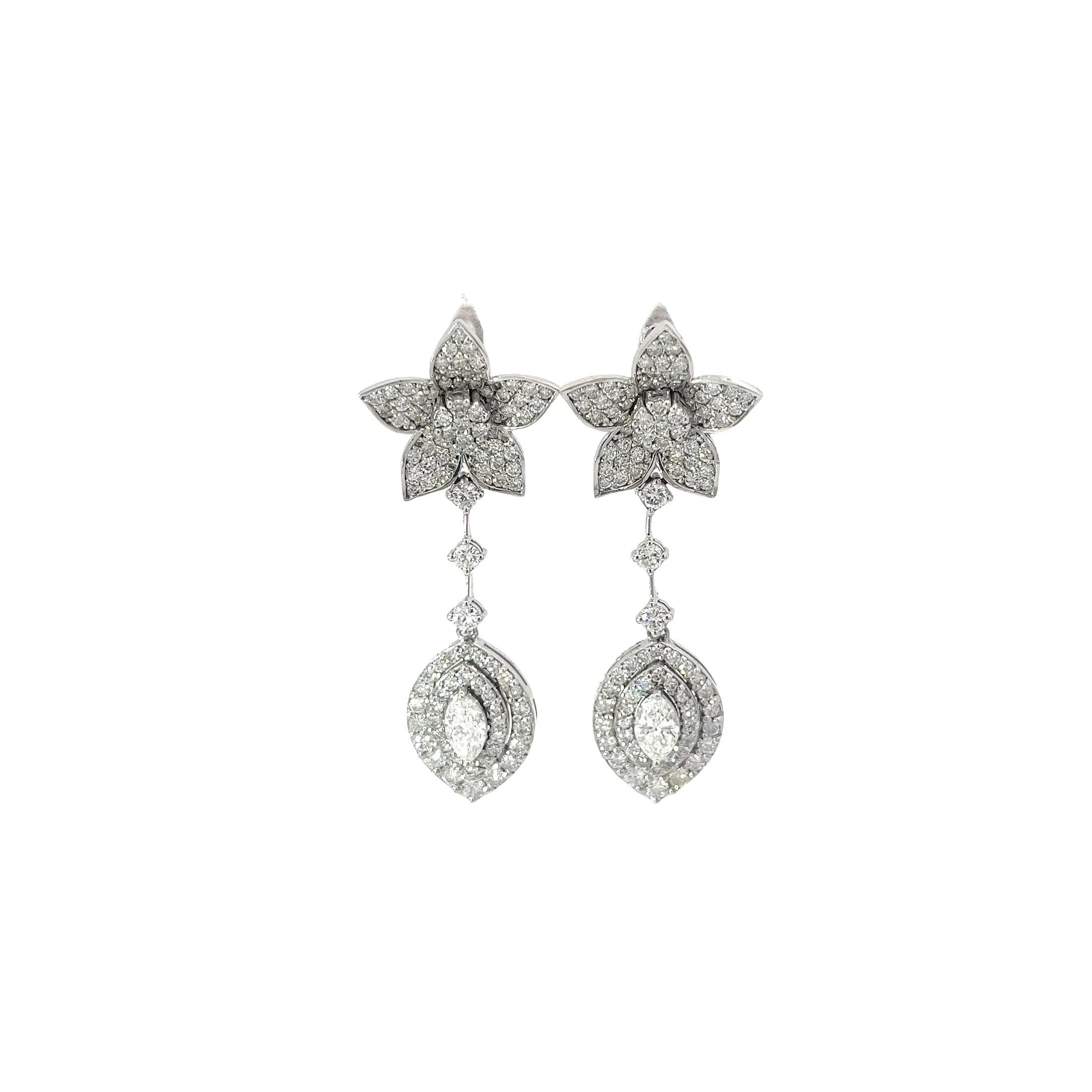 14k White Gold  Diamond Flower Vintage Earrings