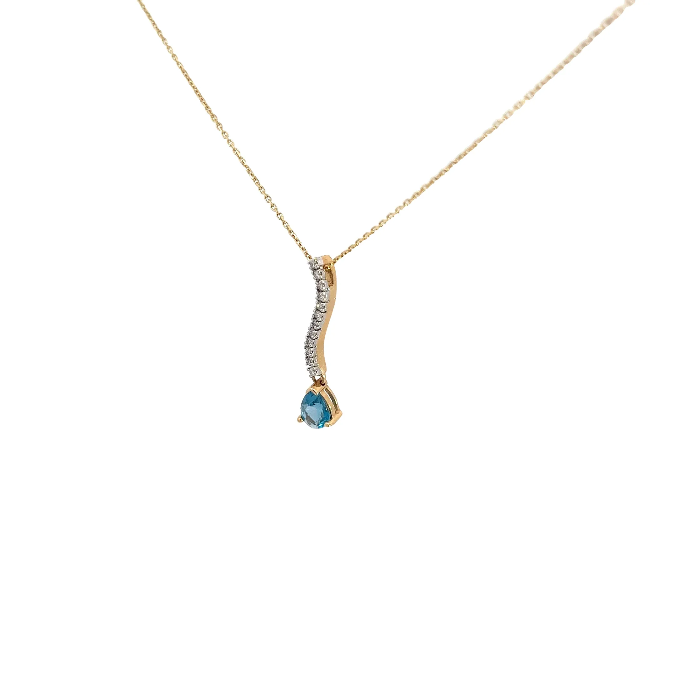 14k Yellow gold 1.00ct Pear Shaped Blue Zircon and .13ct G SI1 Round Diamond  Necklace