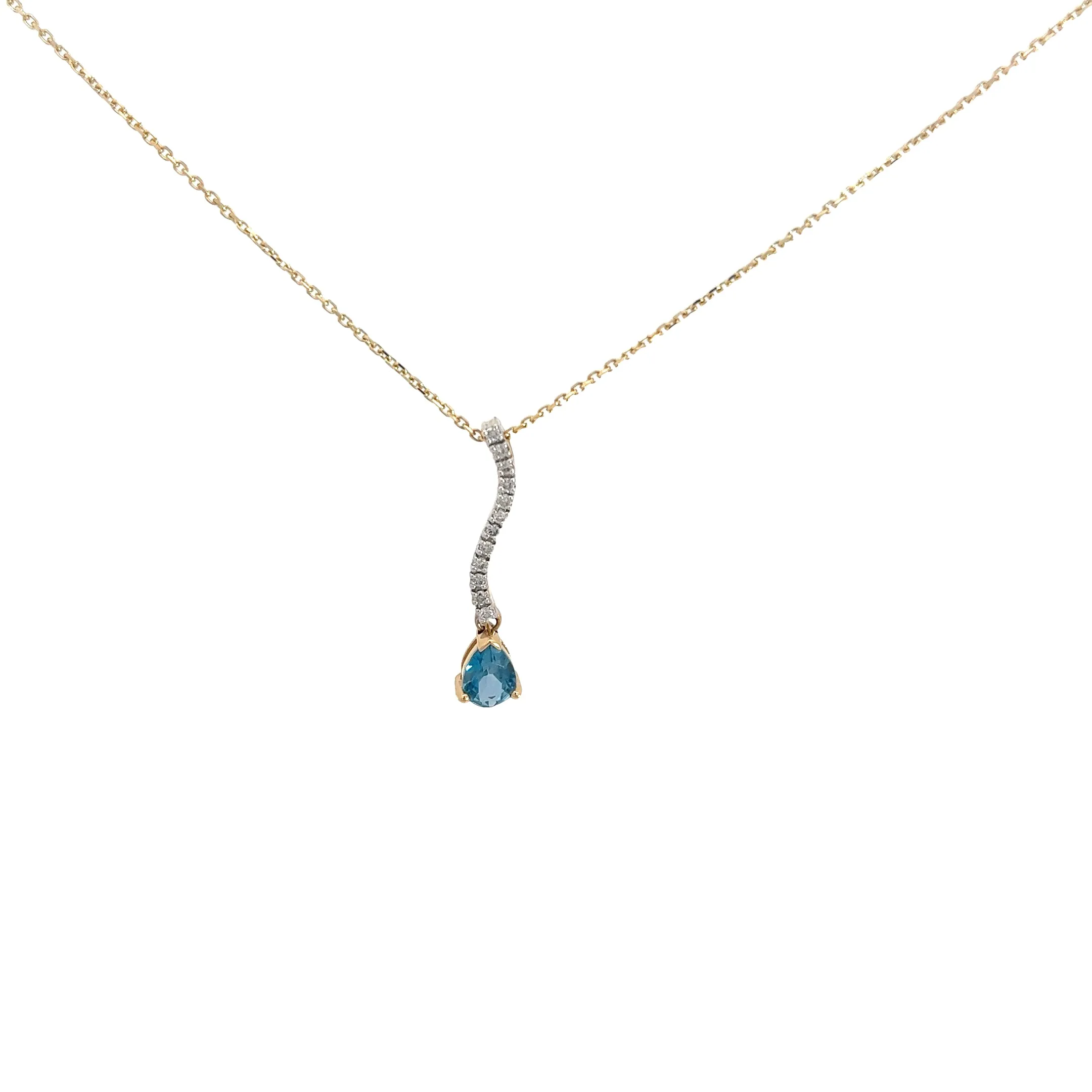 14k Yellow gold 1.00ct Pear Shaped Blue Zircon and .13ct G SI1 Round Diamond  Necklace