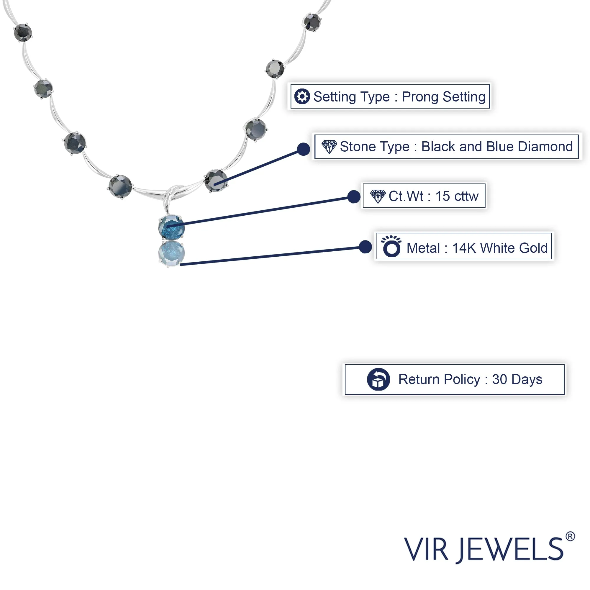 15 cttw Blue and Black Diamond Pendant Necklace in 14K White Gold