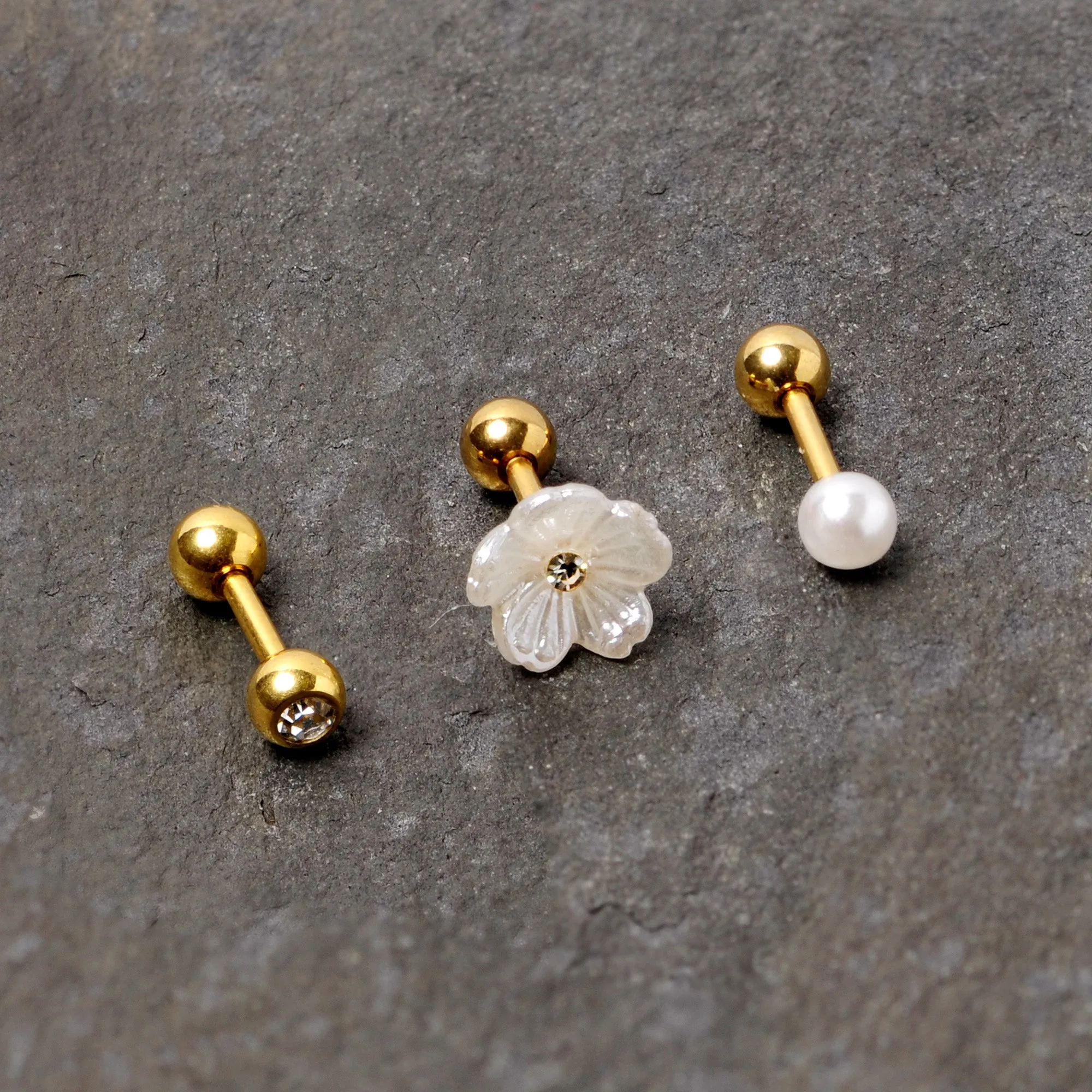 16 Gauge 1/4 Faux Pearl Gold Tone Flower Cartilage Tragus Set of 3