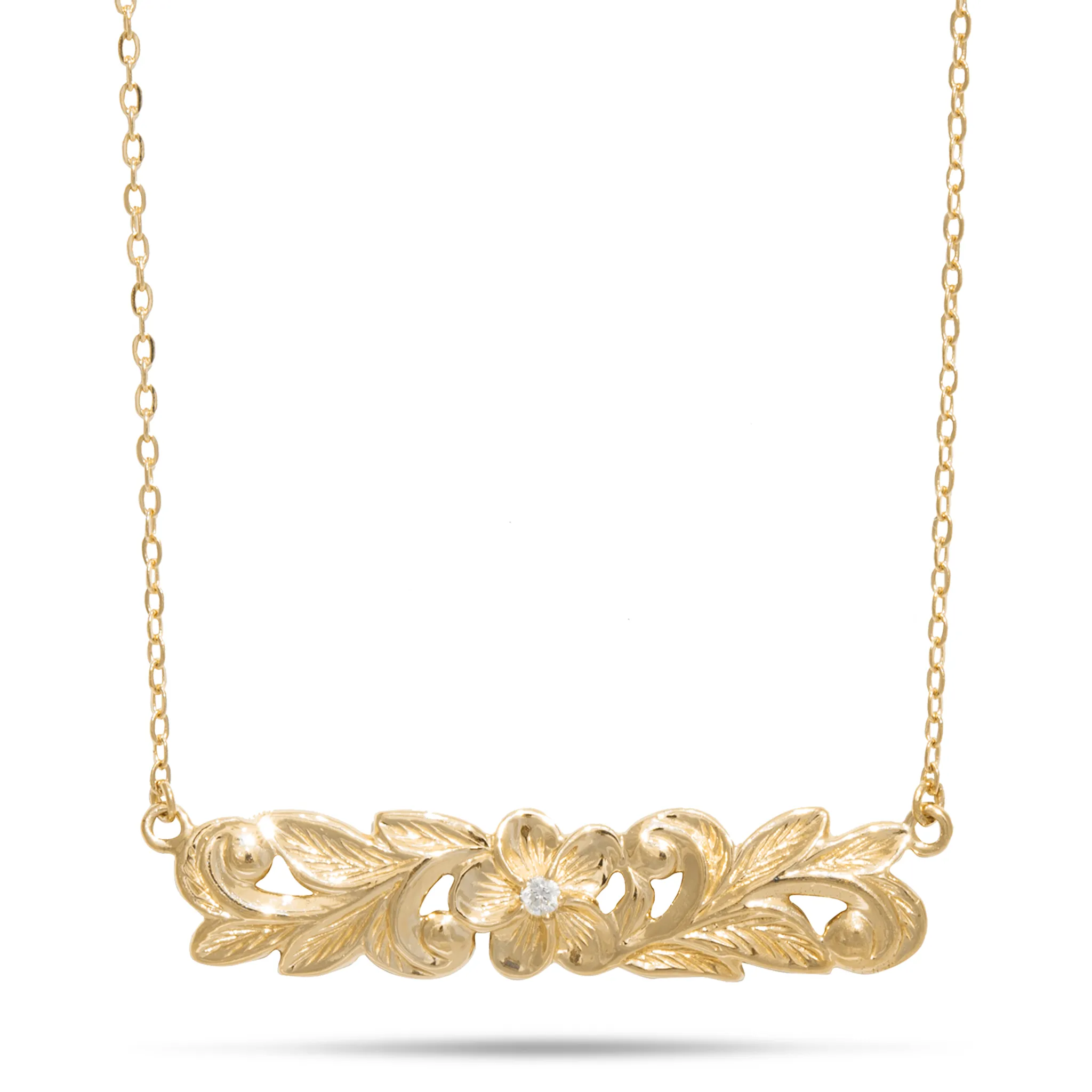 16" Hawaiian Heirloom Plumeria Necklace in Gold with Diamond - 39mm