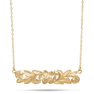 16" Hawaiian Heirloom Plumeria Necklace in Gold with Diamond - 39mm
