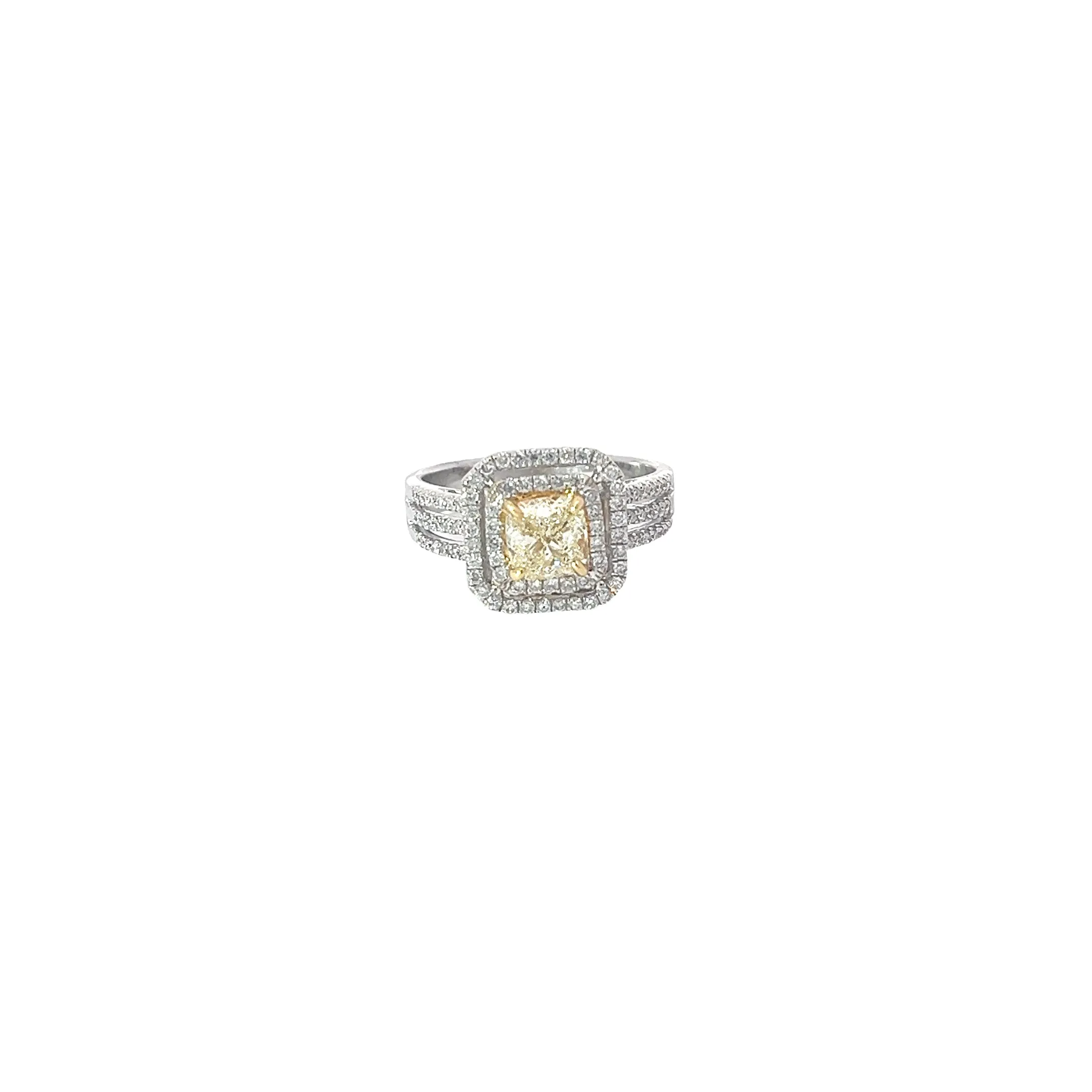 18k White Gold .96ct N SI1 Cushion Yellow Diamond and Halo Surround by .54ct G SI1 Round Diamond Engagement Ring