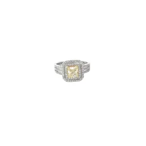 18k White Gold .96ct N SI1 Cushion Yellow Diamond and Halo Surround by .54ct G SI1 Round Diamond Engagement Ring
