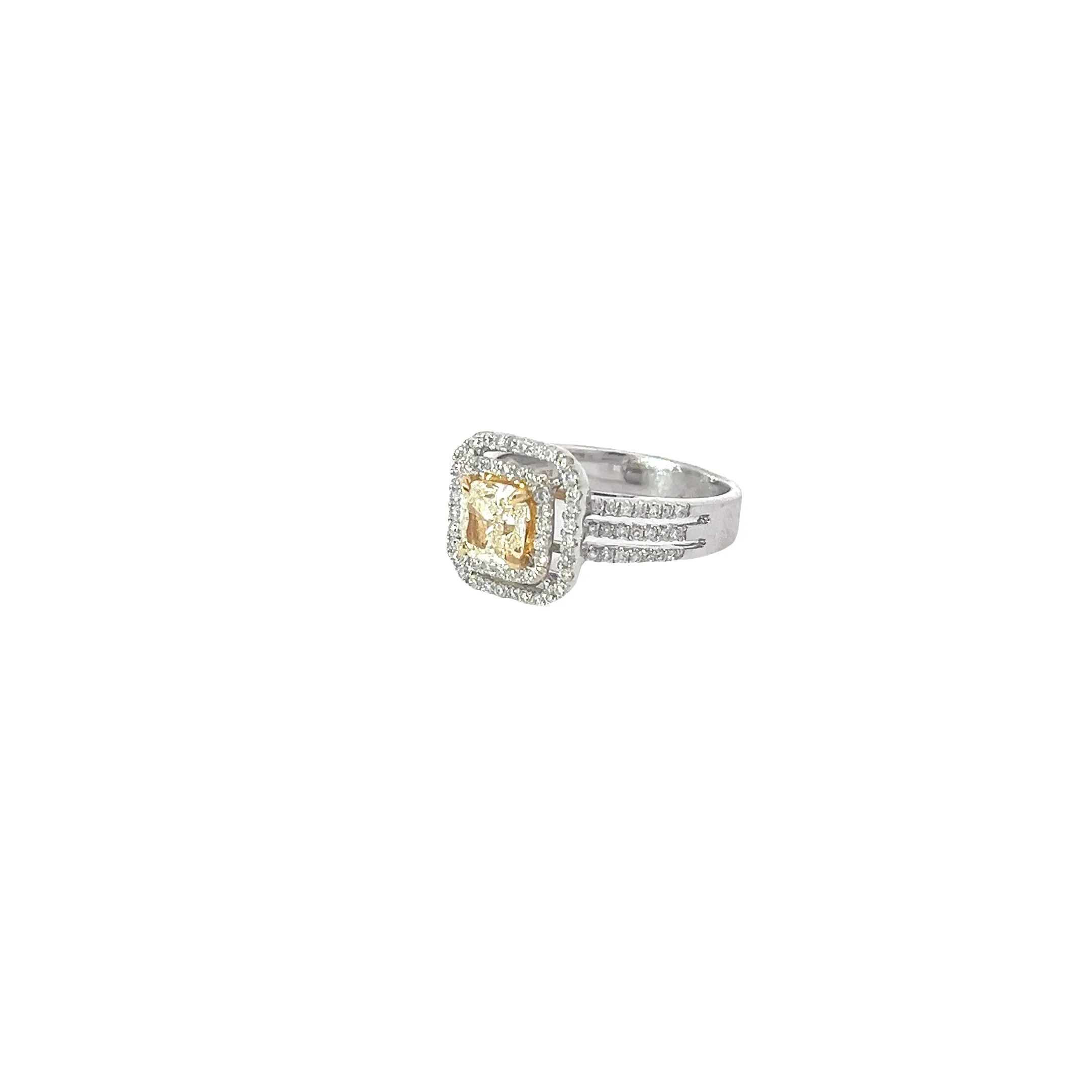 18k White Gold .96ct N SI1 Cushion Yellow Diamond and Halo Surround by .54ct G SI1 Round Diamond Engagement Ring