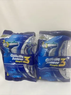 (2) Gillette Sensor3 Simple Men's Disposeable Fixed Razors w/ Lubrastrip 8 count
