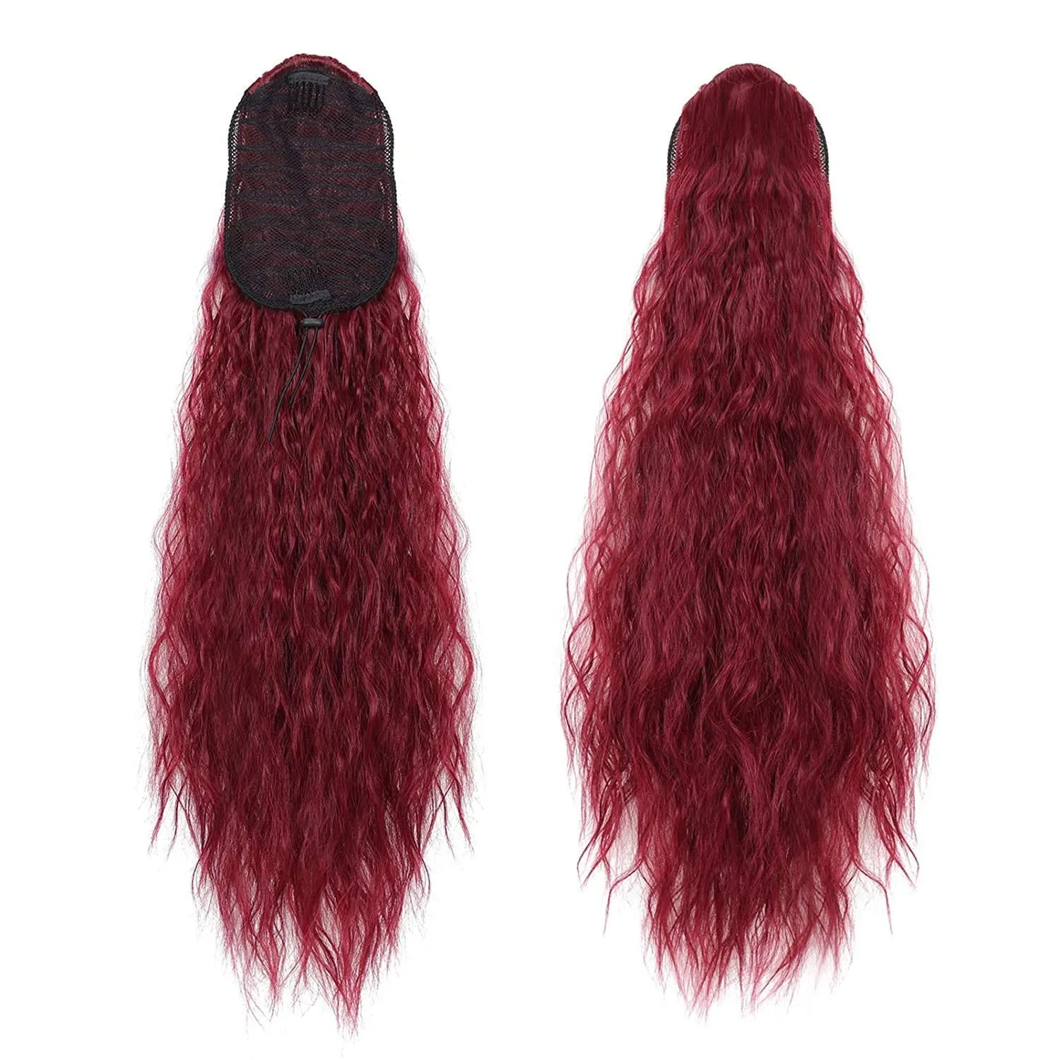 22 inch long water wave drawstring ponytail | synthetic fiber corn wave ponytail | curly wavy pony tail hair wrap (#bug)