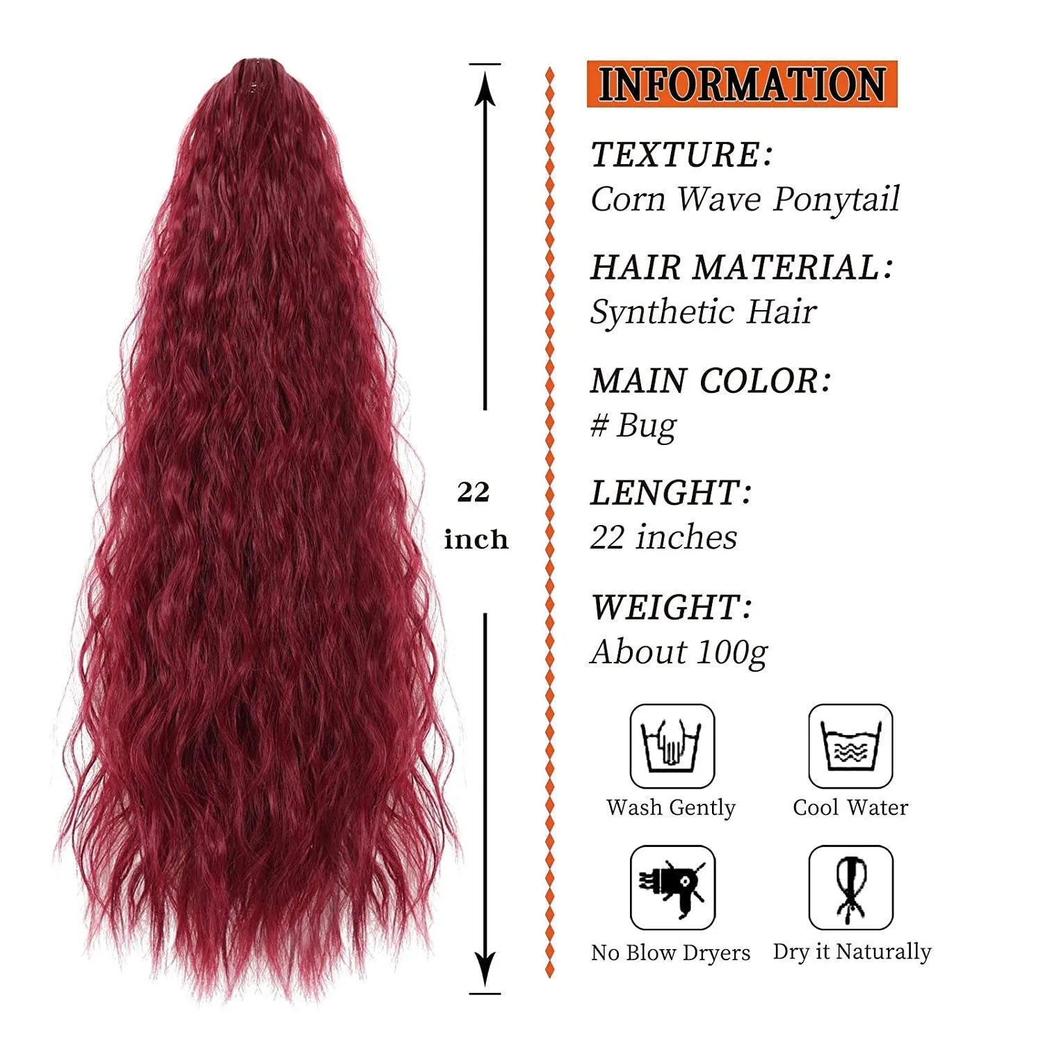 22 inch long water wave drawstring ponytail | synthetic fiber corn wave ponytail | curly wavy pony tail hair wrap (#bug)
