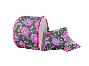 2.5" Funky Flowers on Satin: Black, Neon (10 Yards) 41547-40-21