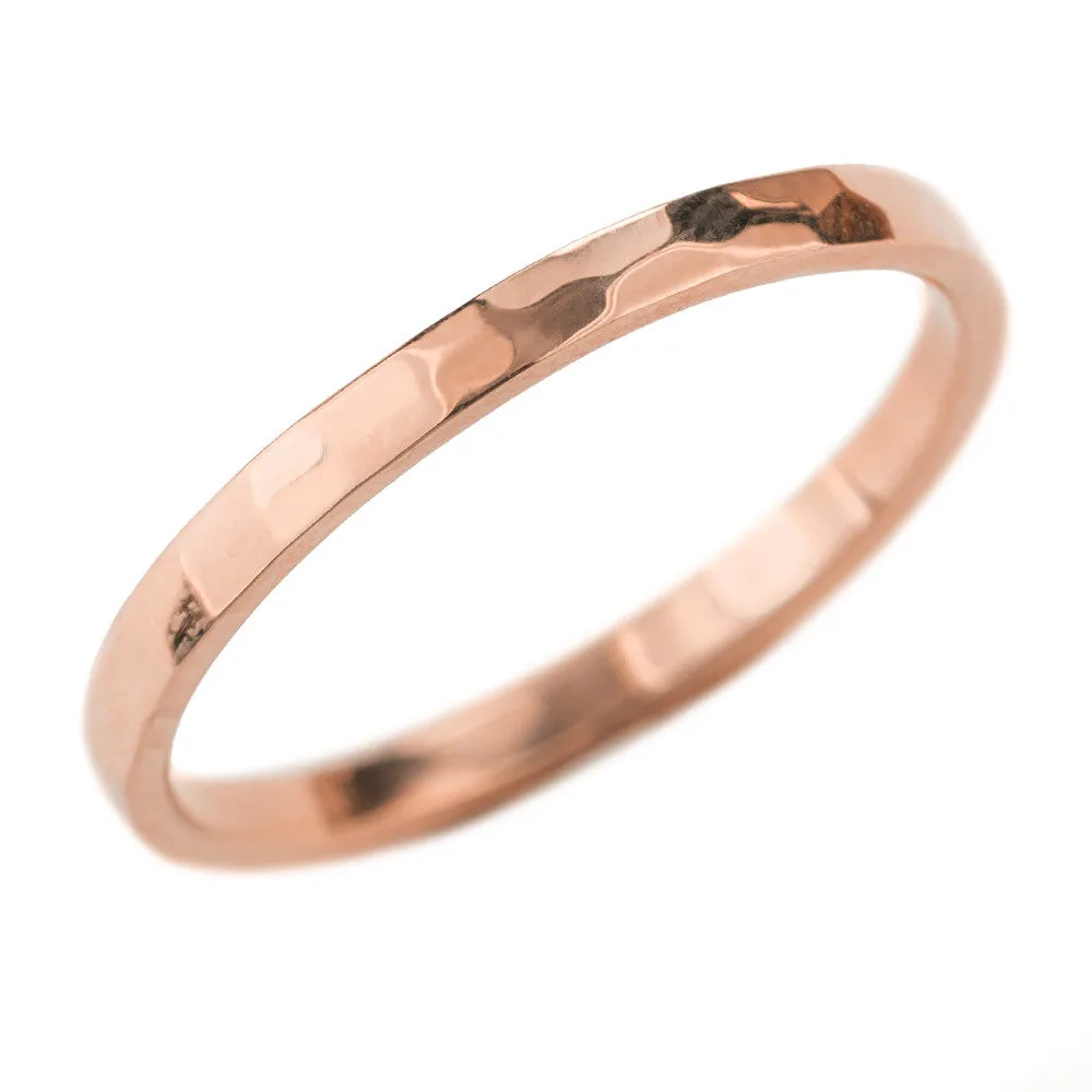 2mm Wide x 1.7mm Thick, 14k Rose Gold Rectangle Wedding Band, Hammered Polished