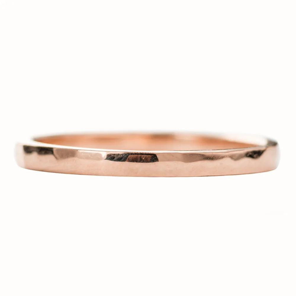 2mm Wide x 1.7mm Thick, 14k Rose Gold Rectangle Wedding Band, Hammered Polished