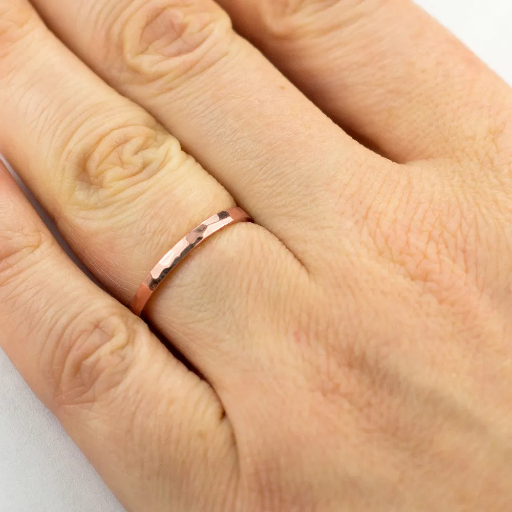 2mm Wide x 1.7mm Thick, 14k Rose Gold Rectangle Wedding Band, Hammered Polished