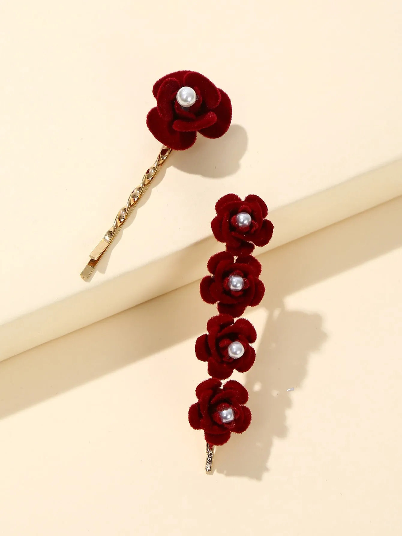 2pcs Faux Pearl Flower Decor Bobby Pin - Red- FD ⚡
