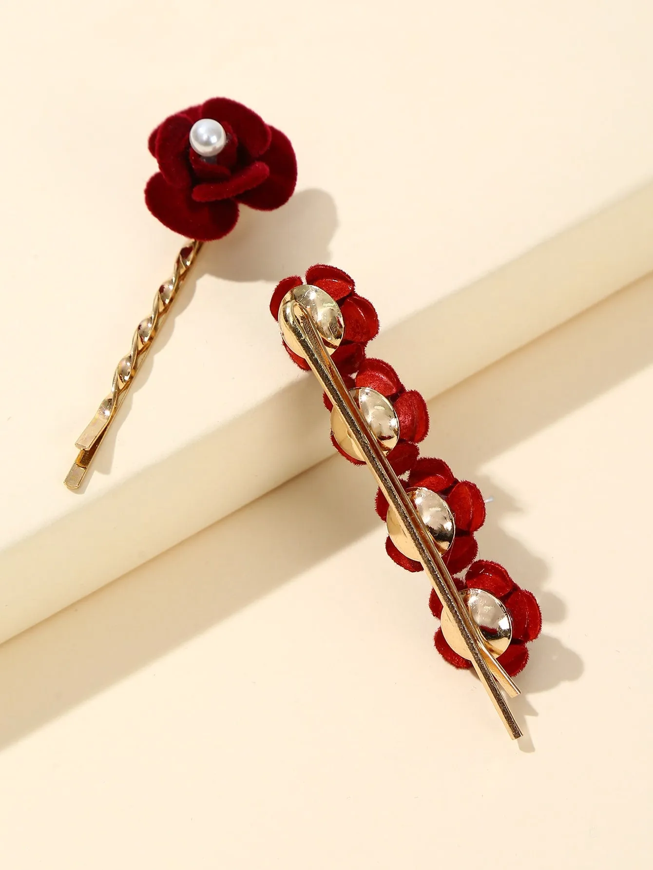 2pcs Faux Pearl Flower Decor Bobby Pin - Red- FD ⚡