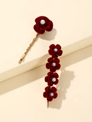 2pcs Faux Pearl Flower Decor Bobby Pin - Red- FD ⚡