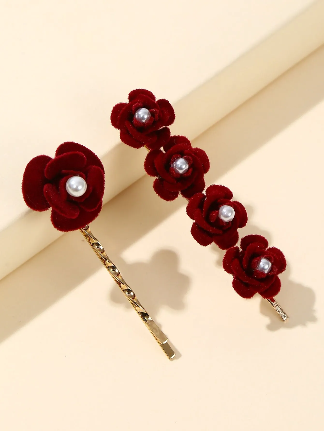 2pcs Faux Pearl Flower Decor Bobby Pin - Red- FD ⚡