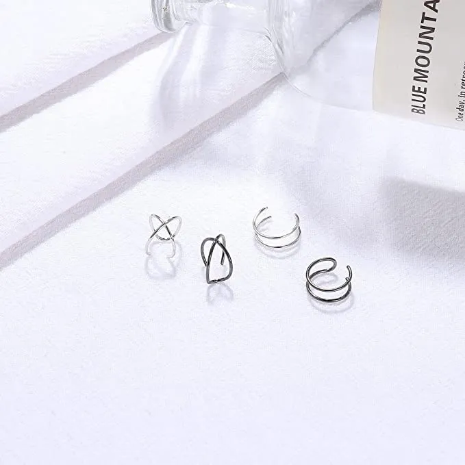 4Pcs Cuff Cartilage Earrings Silver Black