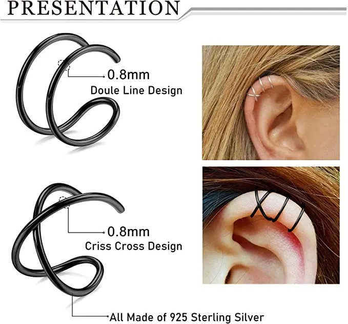 4Pcs Cuff Cartilage Earrings Silver Black