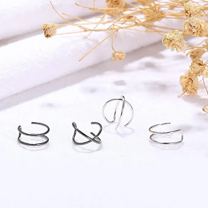 4Pcs Cuff Cartilage Earrings Silver Black
