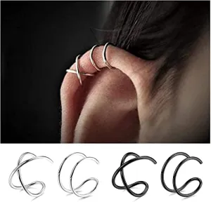 4Pcs Cuff Cartilage Earrings Silver Black