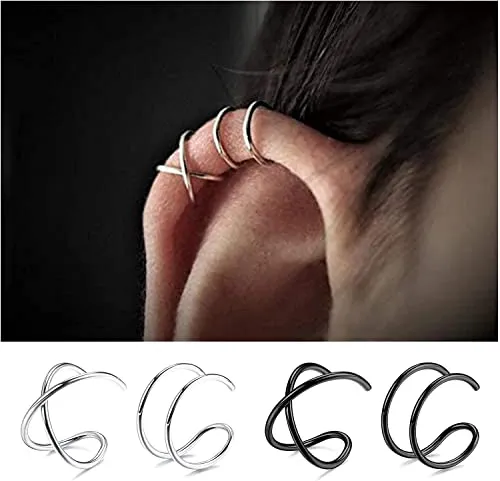 4Pcs Cuff Cartilage Earrings Silver Black