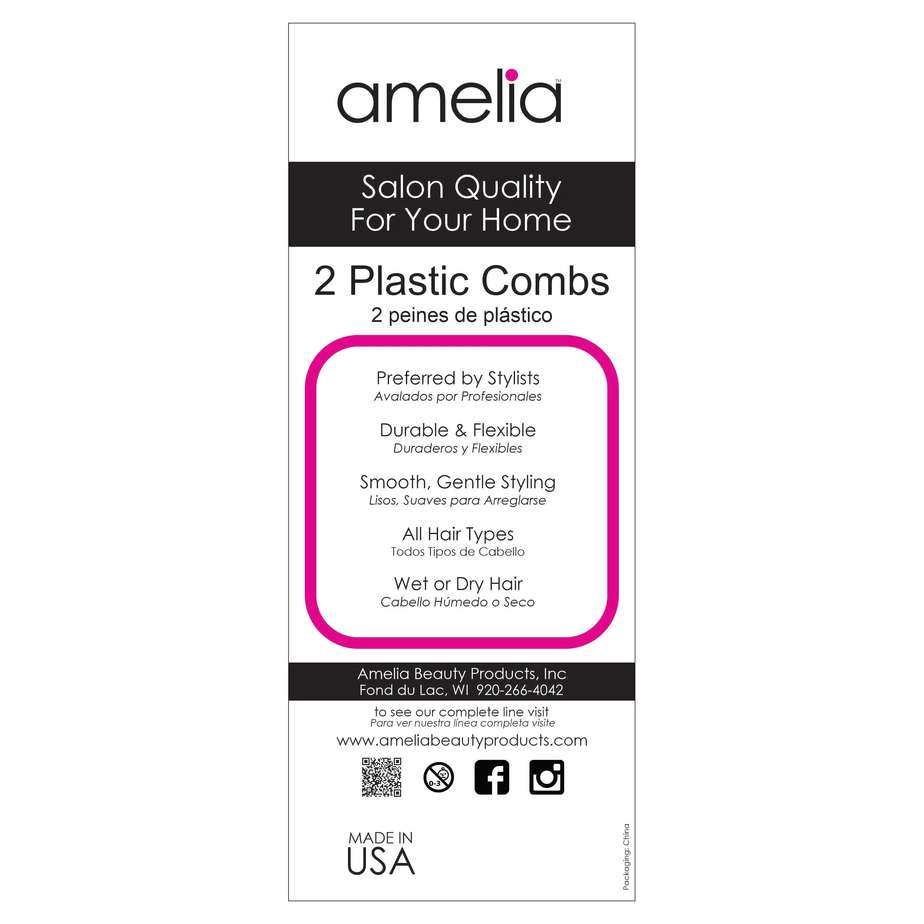 Amelia Beauty, 3in Black Plastic Personal Hygiene Mustache Comb, Made in USA, Professional Grade Comb, Portable Salon Barber Shop Black Lice Everyday Styling  Mustashe Comb Hair, Styling Tool, 2 Pack