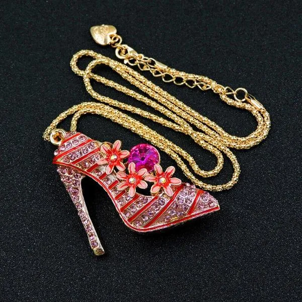 Betsey Johnson High Heel Shoe Flowers Crystal Pendant Necklace