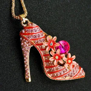 Betsey Johnson High Heel Shoe Flowers Crystal Pendant Necklace