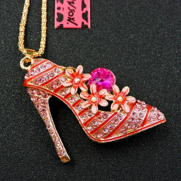 Betsey Johnson High Heel Shoe Flowers Crystal Pendant Necklace