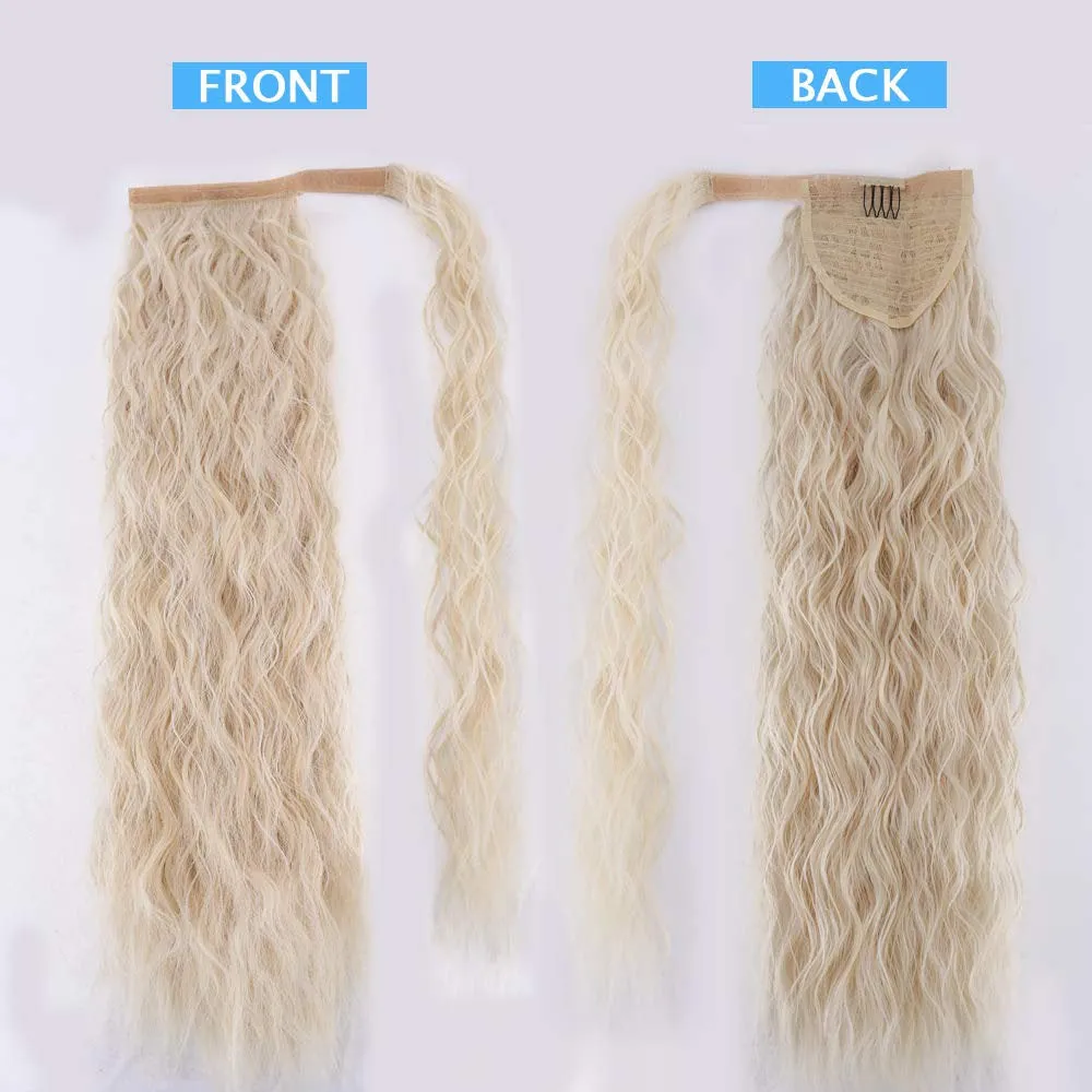 Bleach Blonde 22" Long Water Wave Ponytail Wrap Around Extension Heat Resistant Synthetic Fiber #613 Blonde Soft & Natural Easy to Wear
