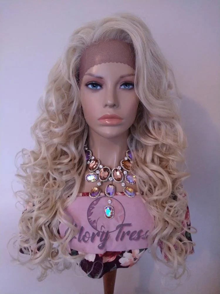 Blonde Curly Lace Front Wig 613 Platinum Blonde Human Blend Wigs For Women 13x6 Free Parting Wig, Alopecia Chemo Wigs Glory Tress - LUXURY