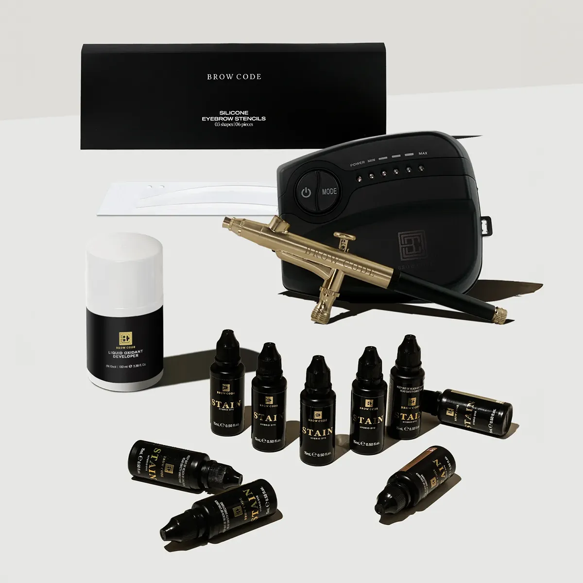 Brow Code Air Brush and Pro Stain Kit Plus Stencils and Liquid Peroxide