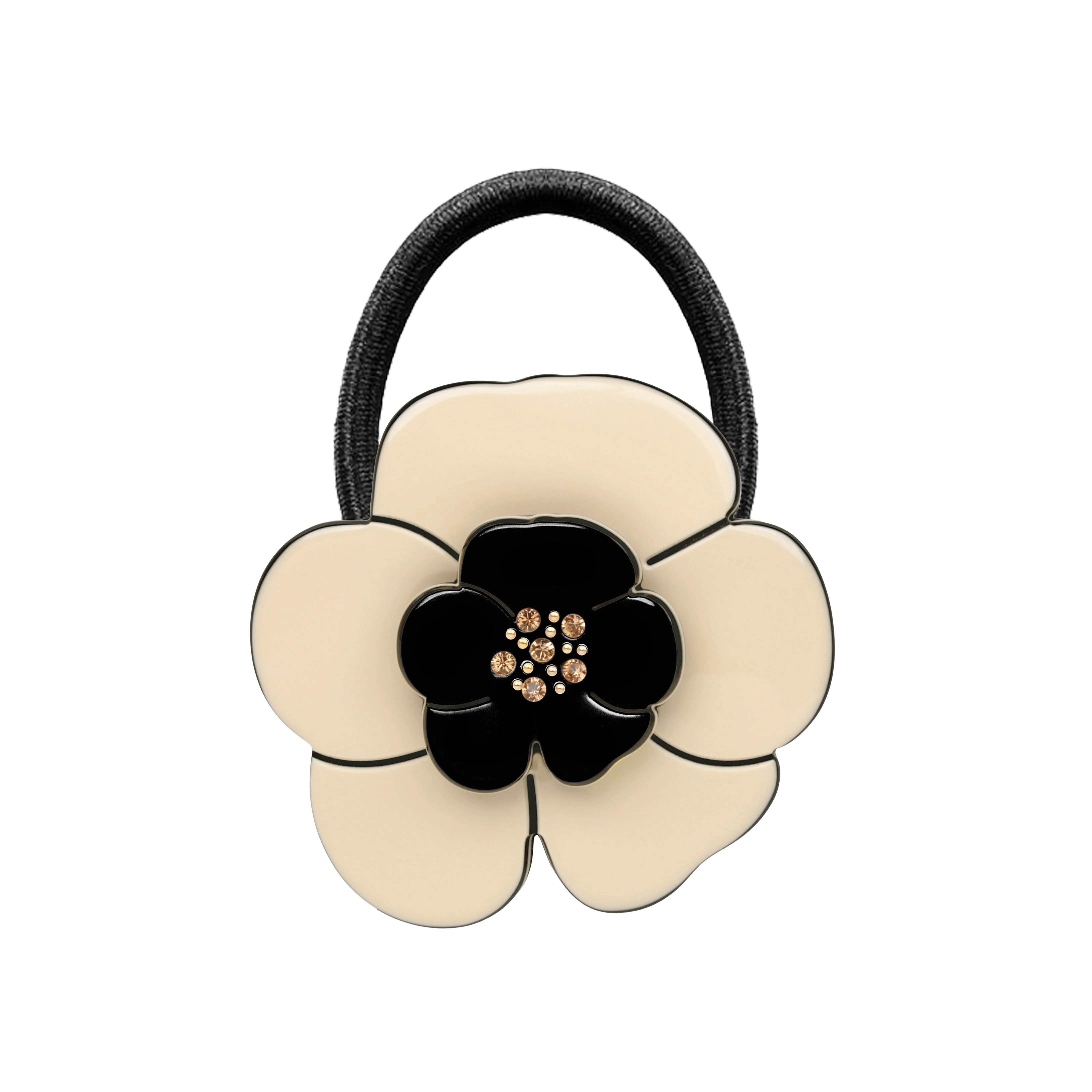 Camellia Crystal Ivory Black Hair Tie