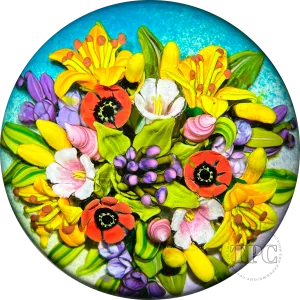 Cathy Richardson 2023 Glass Art Paperweight Flamework Lily & Red Poppy Bouquet 1 of 1