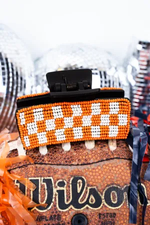 Checkered Orange and White Seed Bead Hair Claw