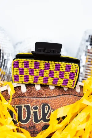 Checkered Purple and Yellow Seed Bead Hair Claw