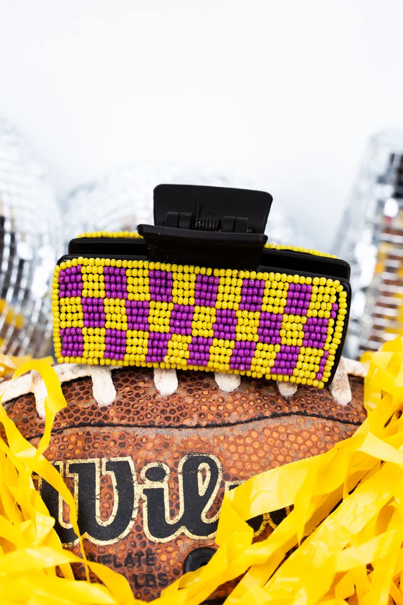 Checkered Purple and Yellow Seed Bead Hair Claw