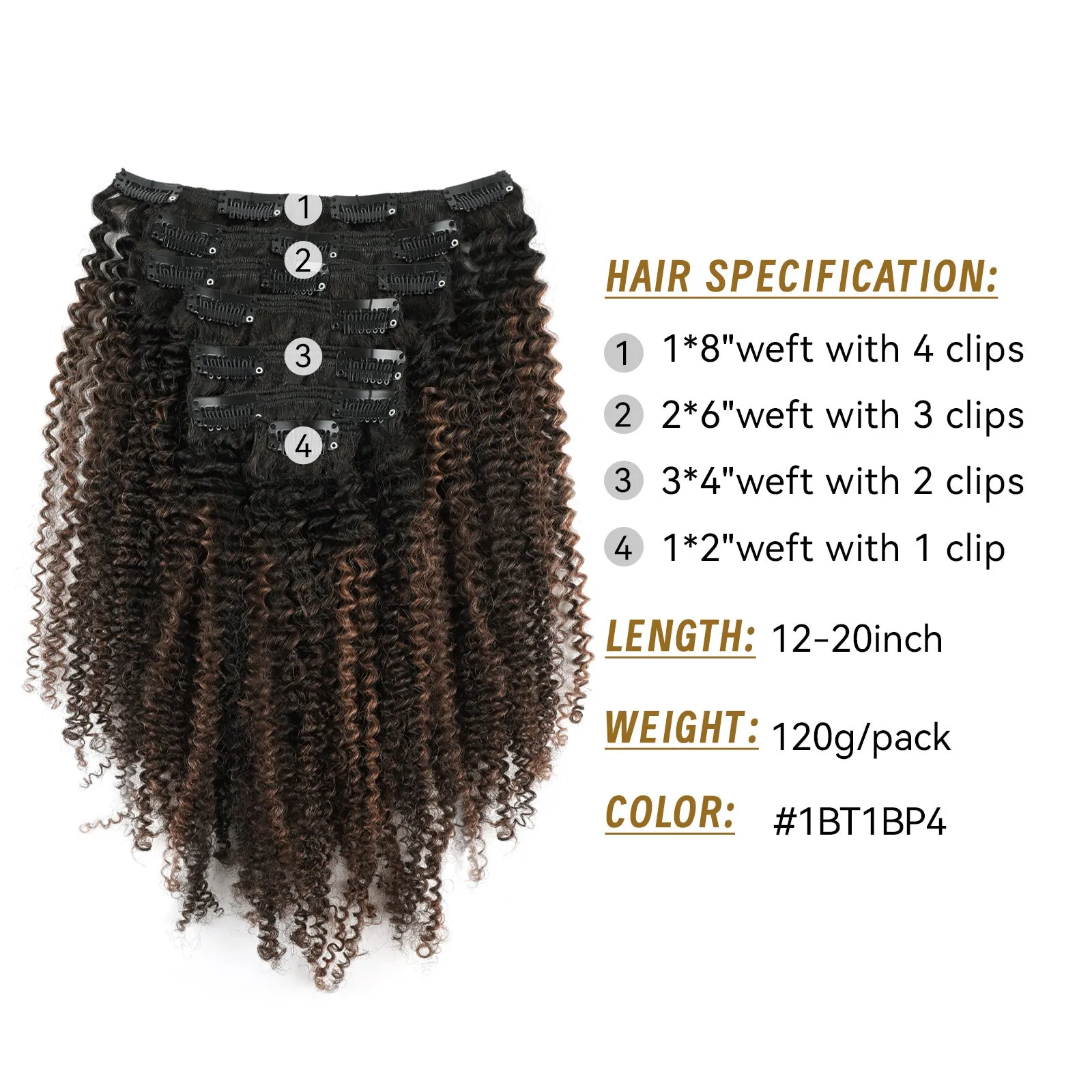 Clip in Hair Extension Afro Kinky Curly 1BT1BP4#