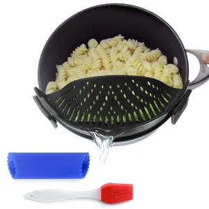 Clip-on kitchen food strainer for spaghetti, pasta, and ground beef grease, colander and sieve snaps on bowls, pots and pans, Set includes silicone strainer brush & garlic peeler by Salbree, Black