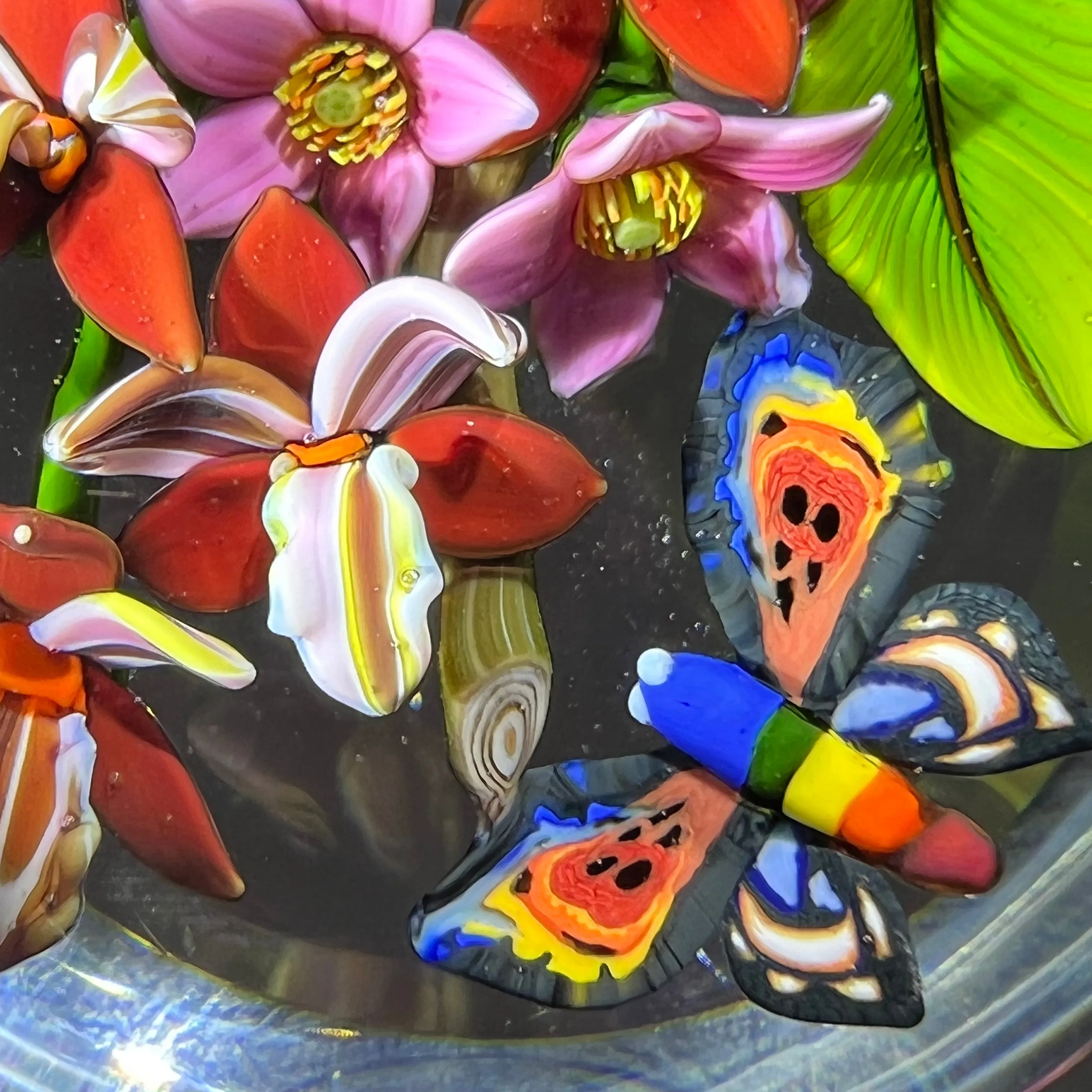 Colin Richardson 2018 Glass Art Paperweight Flamework Rainbow Butterfly with Orchids and Tropical Flowers 1 of 1