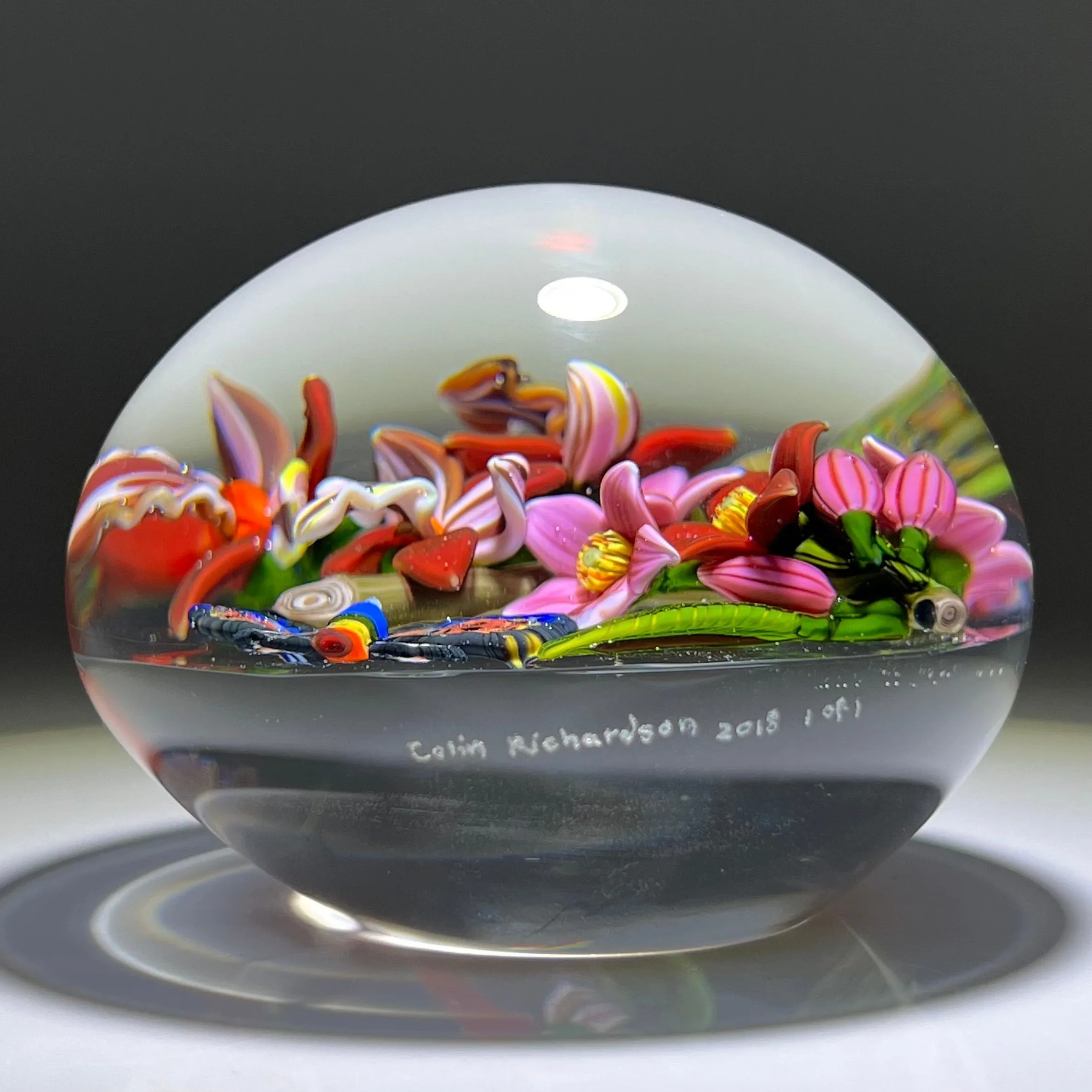 Colin Richardson 2018 Glass Art Paperweight Flamework Rainbow Butterfly with Orchids and Tropical Flowers 1 of 1