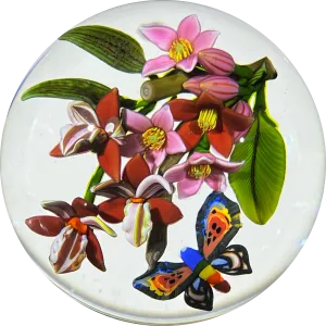Colin Richardson 2018 Glass Art Paperweight Flamework Rainbow Butterfly with Orchids and Tropical Flowers 1 of 1